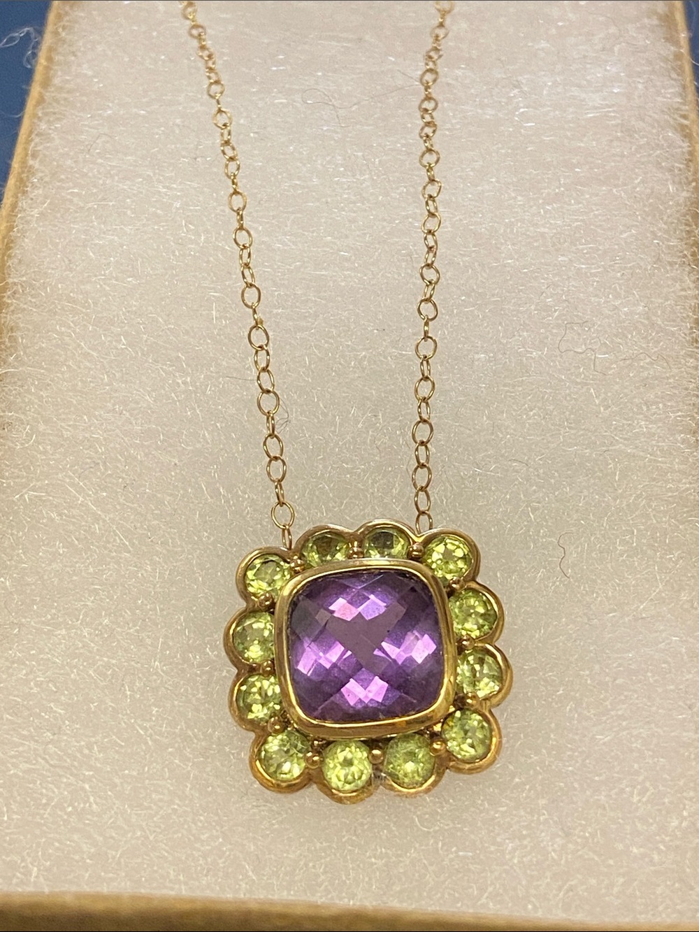 925 Gold Peridot Amethyst Pendant on 16” 585 Yellow Gold Vintage Chain Beautiful